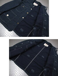 ネイビーの生地に抜染でドット柄をデザイン★SUGARCANE,シュガーケーン,9oz.WABASHSTRIPEWORKCOAT,ウォバッシュストライプ・ワークコート,カバーオールジャケット,A/NAVY(ネイビー),SC14001