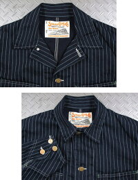 ネイビーの生地に抜染でドット柄をデザイン★SUGARCANE,シュガーケーン,9oz.WABASHSTRIPEWORKCOAT,ウォバッシュストライプ・ワークコート,カバーオールジャケット,A/NAVY(ネイビー),SC14001