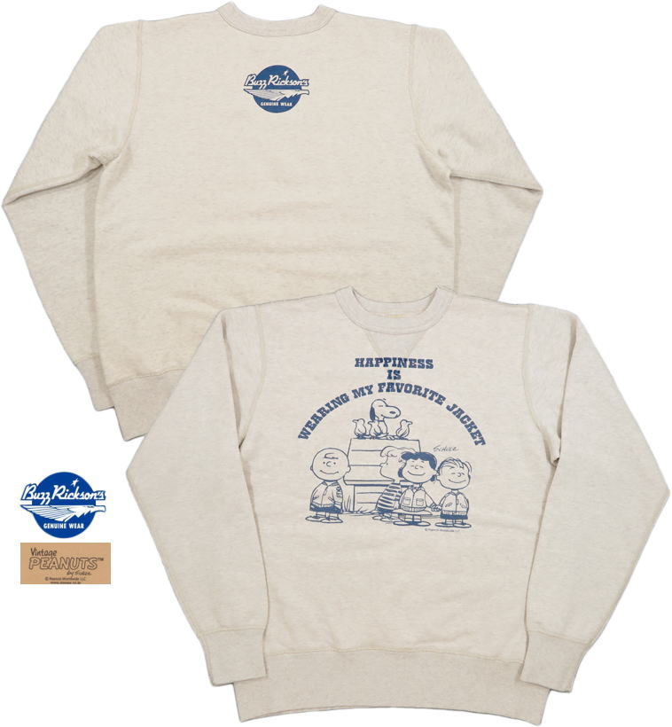 BUZZ RICKSON'S×PEANUTS /バズリクソンズ×ピーナッツ SET-IN CREW SWEAT“HAPPINESS”スヌーピー・バズスウェットシャツ/トレーナー/ピーナッツスウェット OATMEAL(オートミール)/BR68596