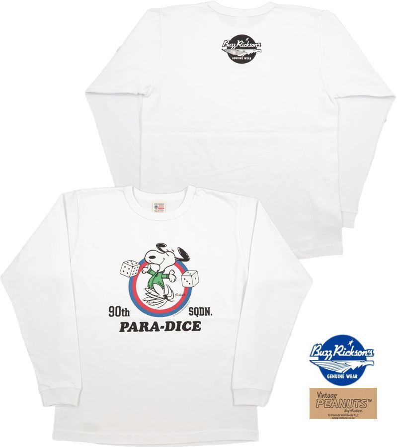 ストリートファッションMIYOSHIYAで買える「BUZZ RICKSON'S×PEANUTS/バズリクソンズ×ピーナッツ L/S T-SHIRT“PARA-DICE” 長袖スヌーピープリントTシャツ WHITE(ホワイト/BR68838」の画像です。価格は10,780円になります。