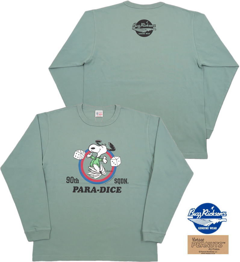 ストリートファッションMIYOSHIYAで買える「BUZZ RICKSON'S×PEANUTS/バズリクソンズ×ピーナッツ L/S T-SHIRT“PARA-DICE” 長袖スヌーピープリントTシャツ SAGE(セージグリーン/BR68838」の画像です。価格は10,780円になります。