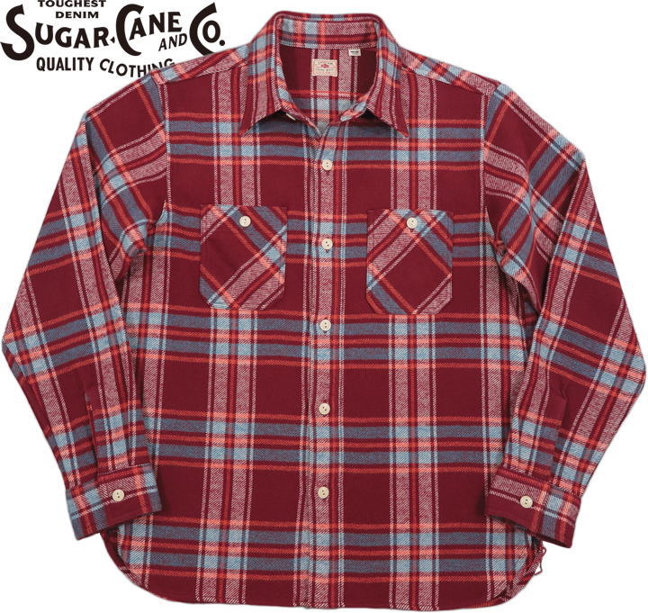 SUGARCANE,シュガーケーン,TWILLCHECKL/SWORKSHIRT,ツイルチェックワークシャツ,チェックシャツ,綿ネルシャツ,SC28746,WINE(ワインレッド)