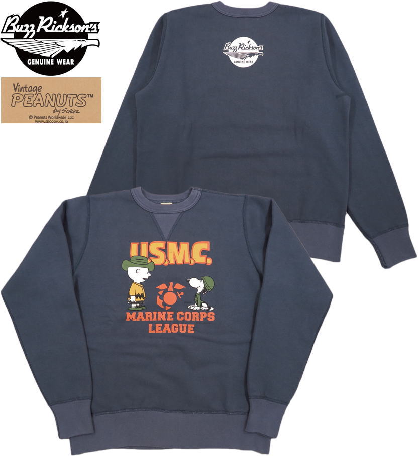 BUZZ RICKSON'S×PEANUTS /バズリクソンズ×ピーナッツ SET-IN CREW SWEAT “U.S.M.C”スヌーピー・スウェットシャツ/トレーナー/スヌーピースウェット NAVY(ネイビー)/Lot No. BR69073