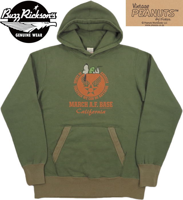 BUZZ RICKSON'S×PEANUTS /バズリクソンズ×ピーナッツ SWEAT PARKA “MARCH A.F. BASE”スヌーピー・スウェットパーカー/フーディ－/スヌーピーパーカー OLIVE(オリーブ)/Lot No. BR69074のサムネイル