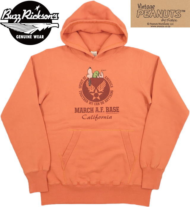 BUZZ RICKSON 039 S×PEANUTS /バズリクソンズ×ピーナッツ SWEAT PARKA “MARCH A.F. BASE”スヌーピー スウェットパーカー/フーディ－/スヌーピーパーカー ORANGE(オレンジ)/Lot No. BR69074