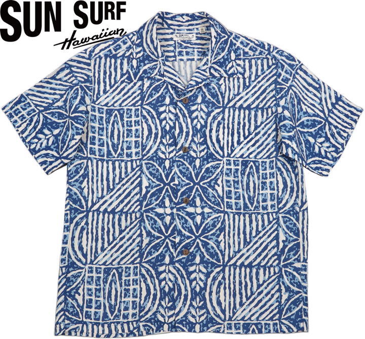 SUN SURF/サンサーフ S/S RAYON HAWAIIAN SHIRT “POLYNESIAN TAPA DESIGN” 半袖レーヨン・アロハシャツ/ハワイアンシャツ「ポリネシアン・タパ デザイン」 NAVY(ネイビー)/Lot No. SS38805