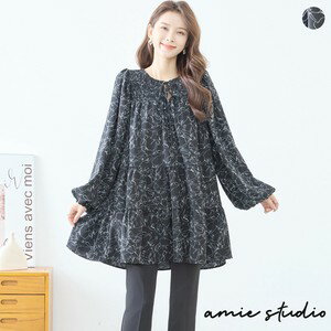 amie studio（TRUBE）【M〜L】線画Aラインデザインチュニック（C31-1468)ブラック　 普段着 おしゃれ着　（チュニック単品の価格です）ミセス ミセスファッション 大人可愛い 30代 40代 50代 60代　若見え　洋服　婦人服　可愛い服　秋冬　春先のサムネイル