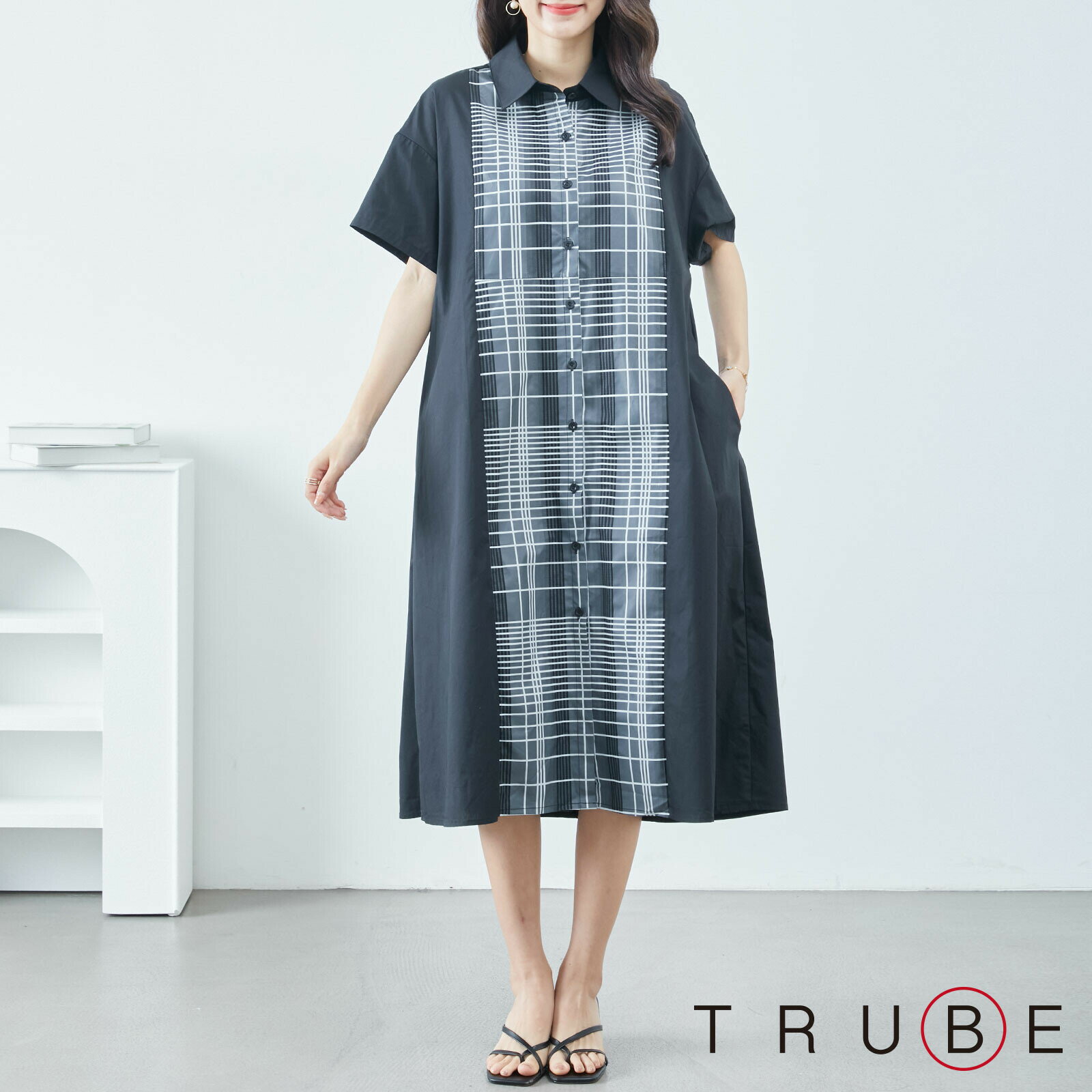 TRUBE 【M〜L】フロントチェックワンピース(C38-699)デイリーファッション 普段着 おしゃれ着 （シャツワンピース単品の価格です）ミセス ミセスファッション 大人可愛い 30代 40代 50代 60代 若見え 洋服 婦人服 可愛い服 半袖 夏ワンピース 母の日