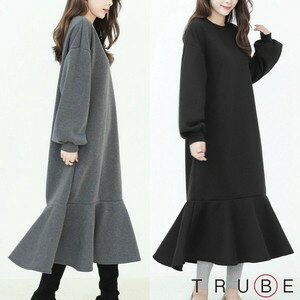 TRUBE　裾フリルスウェットワンピース(C38-471) 普段着 おしゃれ着（ワンピース単品の価格です）ミセス ミセスファッション 大人可愛い 30代 40代 50代 60代　若見え　洋服　婦人服　可愛い服　長袖暖かいワンピース