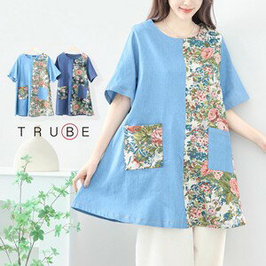 【即日発送】TRUBE【L〜LL】デニムゴブラン切替デザインチュニック(C08-261)普段着 おしゃれ着　（ワンピース単品の価格です）ミセス ミセスファッション 大人可愛い 30代 40代 50代 60代　若見え　洋服　婦人服　可愛い服　夏　春　晩夏のサムネイル