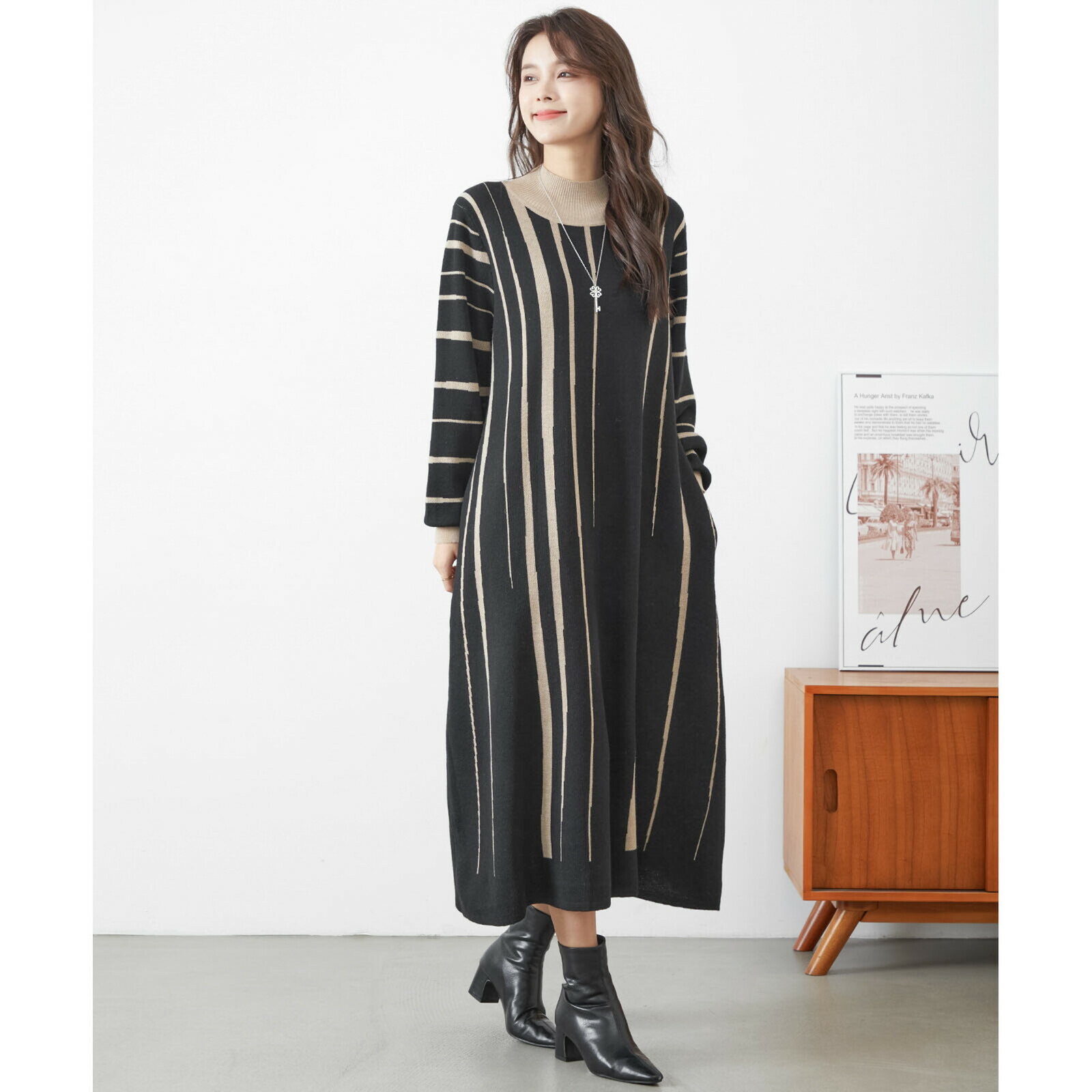 秋冬【即日発送】TRUBE【L〜LL】ストライプ配色ニットワンピース(C38-529A)デイリーファッション 普段着 おしゃれ着（ワンピース単品）ゆったり　ミセスファッション 大人可愛い 30代 40代 50代 60代　若見え　婦人服　可愛い服　長袖【春先・秋冬】