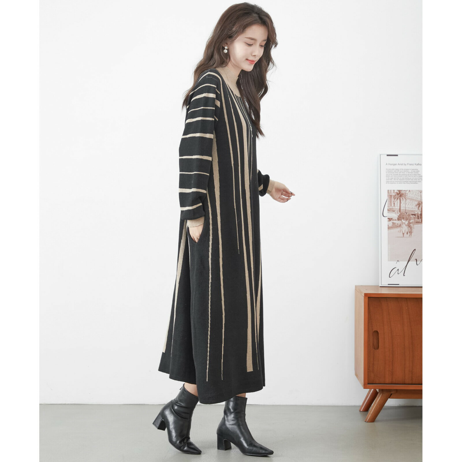 秋冬【即日発送】TRUBE【L〜LL】ストライプ配色ニットワンピース(C38-529A)デイリーファッション 普段着 おしゃれ着（ワンピース単品）ゆったり　ミセスファッション 大人可愛い 30代 40代 50代 60代　若見え　婦人服　可愛い服　長袖【春先・秋冬】