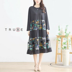 new【即日発送】TRUBE【L〜LL】シアードッキングサファリ柄デザインワンピース (N82-059)デイリーファッション 普段着 おしゃれ着(ワンピース単品)ゆったり ミセスファッション 大人可愛い 30代 40代 50代 60代 若見え 婦人服 可愛い服 長袖 2025春夏 アニマル