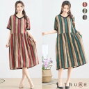 new【即日発送】TRUBE【L~LL】Vネックコットンストライププリントワンピース(N82-116)デイリーファッション 普段着 おしゃれ着(ワンピース単品)...