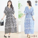 new【即日発送】TRUBE【M〜L】ボタニカルジオメ柄シャーリングワンピース(N82-238)デイリーファッション 普段着 おしゃれ着(ワンピース単品)ゆった...