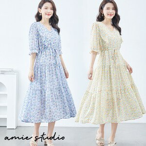 amie studio【M〜L】フリルティアードシフォンワンピース(C38-747) 【メーカー表記M～L】 デイリーファッション 普段着 おしゃれ着　（ワンピース単品の価格です）ミセス ミセスファッション 大人可愛い 30代 40代 50代 60代　若見え　洋服　婦人服　可愛い服　フラワーのサムネイル