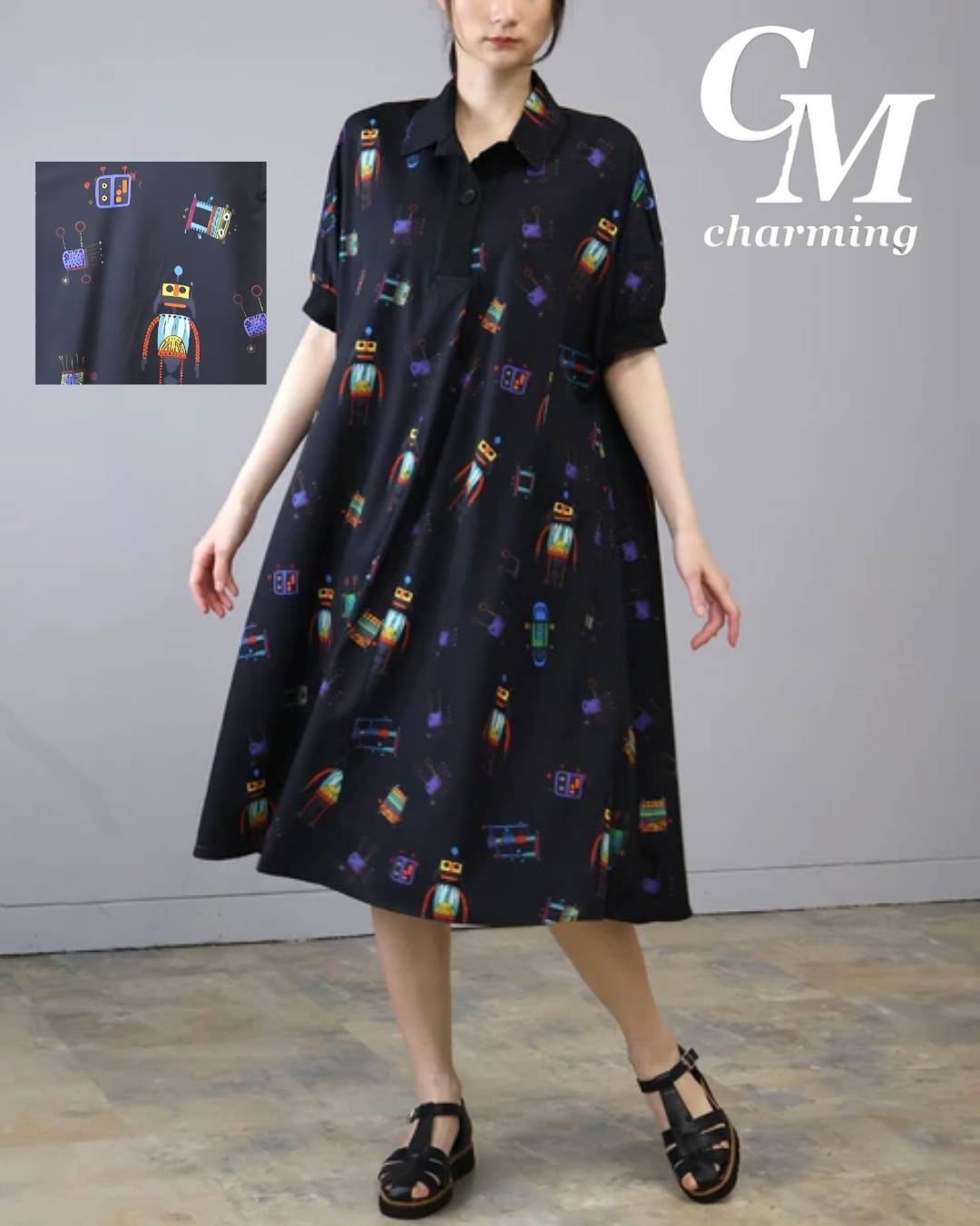 9月末までSALE　KHAKI KOJI【M~L】ロボット　プリントデザインワンピース　フィギア柄（ワンピース単品の価格です）ミセスファッション 大人可愛い 30代 40代 50代 60代　若見え　洋服　婦人服　可愛い服　76059　普段着　チャーミング　秋色