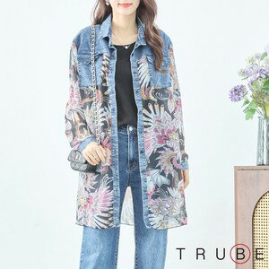 TRUBEデニム切替シフォンフラワー柄ロングシャツ(C37-443)デイリーファッション 普段着 おしゃれ着　羽織　シースルー（シャツ単品） ミセスファッション 大人可愛い 30代 40代 50代 60代　若見え　婦人服　可愛い服　春　夏　長袖