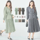 TRUBE 【M〜L】ジオメトリック柄プリーツ切替ワンピース（C38-481A） 普段着 おしゃれ着 （ワンピース単品の価格です）ミセス ミセスファッション 大人可愛い 30代 40代 50代 60代 若見え 洋服 婦人服 可愛い服 長袖【春夏】