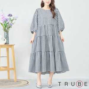 newwTRUBE【M〜L】チェック柄ギャザーワンピース (C08-229)普段着 おしゃれ着 （ワンピース単品の価格です）ミセス ミセスファッション 大人可愛い 30代 40代 50代 60代 若見え 洋服 婦人服 可愛い服 夏 春 7分袖 夏ワンピース