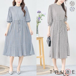 newTRUBE【M〜L】サークルモチーフロングワンピース（C38-1053）普段着 おしゃれ着　（ワンピース単品の価格です）ミセス ミセスファッション 大人可愛い 30代 40代 50代 60代　若見え　洋服　婦人服　可愛い服　春夏　半袖　夏ワンピースのサムネイル