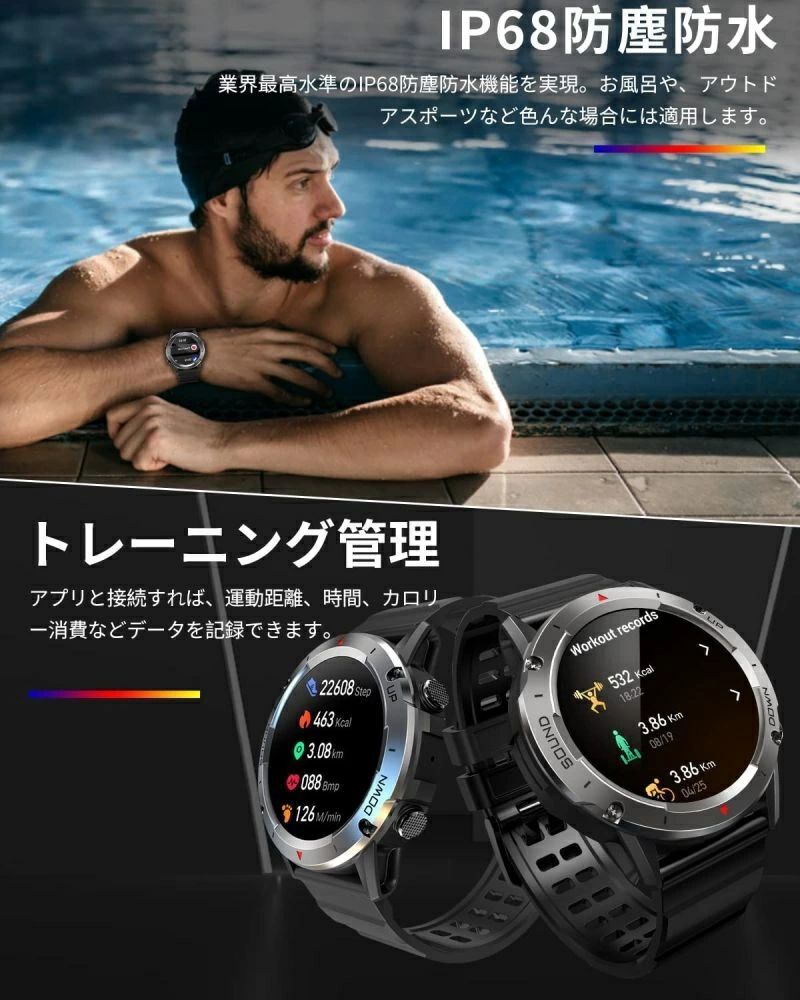 【2024最新】スマートウォッチ センサー IP68防塵防水 通話機能付き 軍用規格 約100種類運動モード スマートバンド 遠隔カメラ 音楽再生 音声アシスタント 400mAh長持ちバッテリー 長時間使用可能 活動量計 歩数計 腕時計 健康管理 着信通知 Line/メッセージ通知