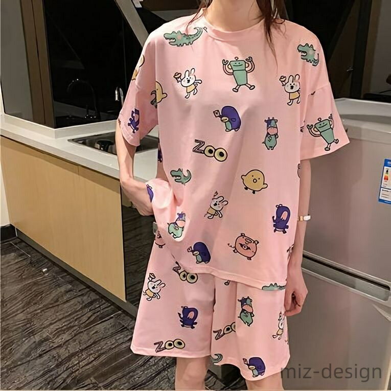 【送料無料】ルームウェア 上下セット レディース 女性用 半袖 半ズボン 短パン 大きいサイズ ゆったり ラウンドネック ビッグシルエット かわいい フルーツ アニマル プリント 総柄