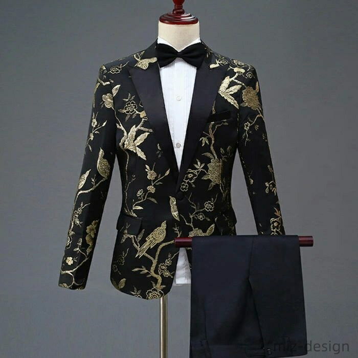 【送料無料】ステージ衣装 メンズ スーツ 上下2点セット スーツセット 忘年会 新年会 ステージ衣装 ダンス衣装 カラオケ衣装 舞台衣装 鳥 花 柄 金 赤 緑...