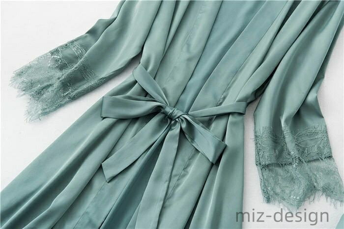 【送料無料】ルームウェア レース 可愛い シルクタッチ サテン ロングガウン付き4点セット セクシー ルームウェア ナイトウェア 薄手 サラサラ 軽く 無地 パジャマ