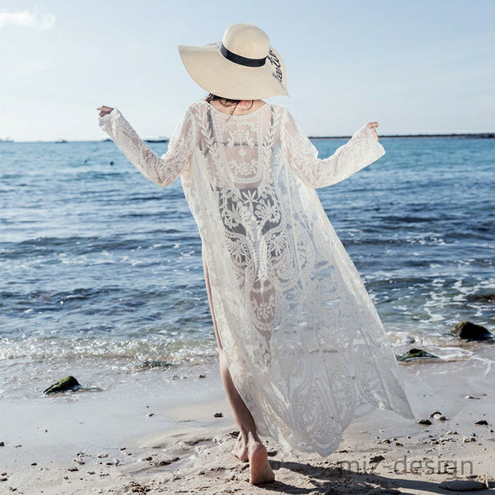 【送料無料】カーディガン ガウン レディース マキシ丈 クロシェ風 ロングカーデ レース 透け ビーチファッション 水着の上から サマーカーデ ママコーデ 薄手 長袖 羽織