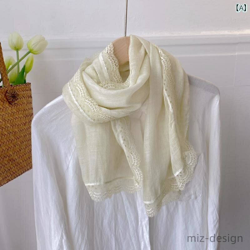 【送料無料】ストール 薄手 春夏 レディース レトロ レース コットン リネン 日焼け防止 首飾り スカーフ ショール シンプル 柔らかい 通気性 快適 ドット おしゃれ アイボリー グレー