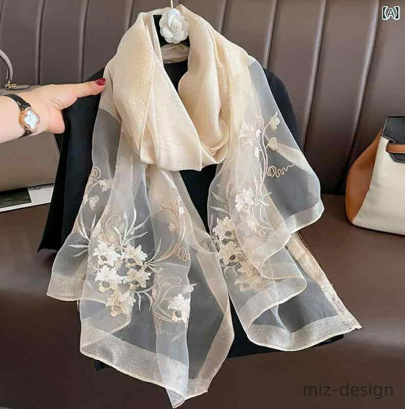 【送料無料】ストール 花柄 刺繍 レディース スカーフ ショール ファッション 春秋 暖かい 透け感 ベー..