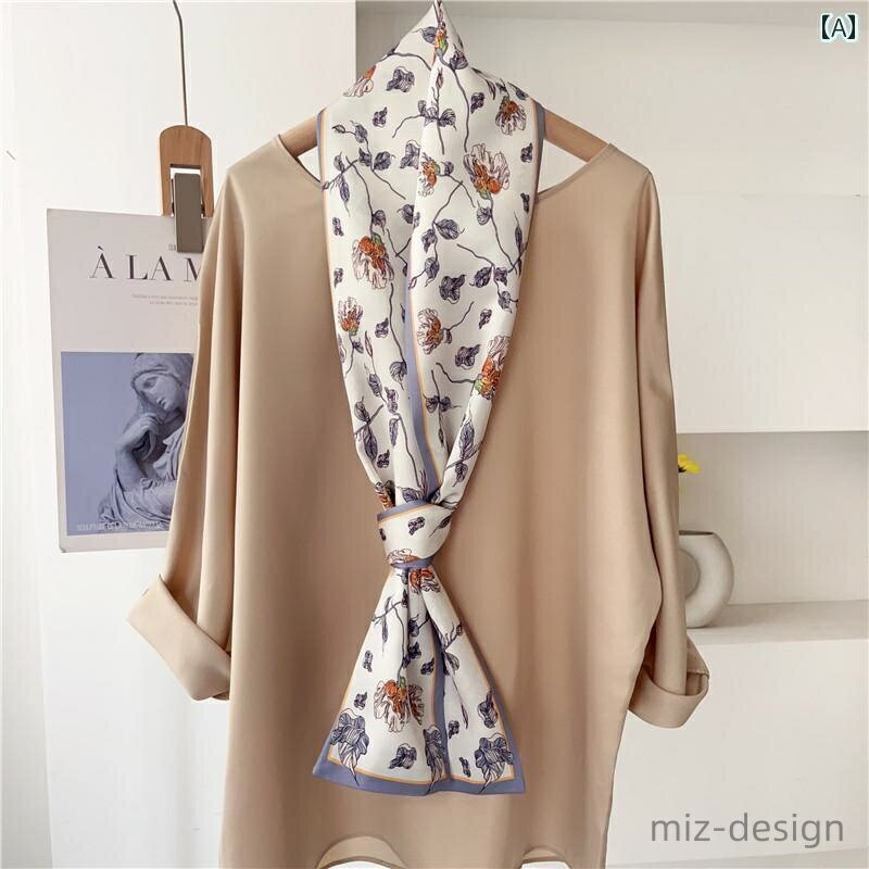 【送料無料】ロングスカーフ 長方形 韓国 春秋 アクセサリー 装飾 レディース 薄手 ロング ヘア ネクタイ バッグ ベルト 夏 プリント 花柄 植物 ドット 白 紺 黒