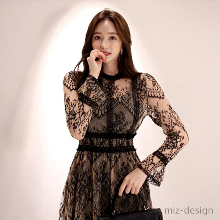 【送料無料】秋冬 春夏 1.5次会 オケージョン 袖あり ミモレ丈 ロング丈 総レース ロング レース 刺繍 パーティードレス ワンピース