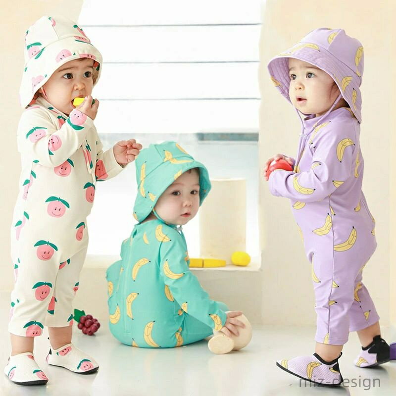樂天商城 - 【送料無料】ベビー 水着 長袖 女の子 キッズ 2点セット キャップ付き ラッシュガード ワンピース 水着 90 80 男の子 女の子