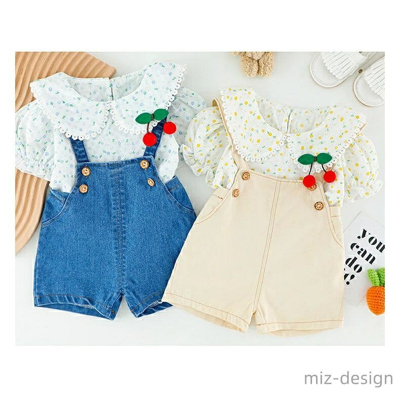 ミズデザインの【送料無料】赤ちゃん シャツ パンツ フレア 花柄 セットアップ デニムサロペット×ブラウス 上下セット 女の子 子供服｜アングル3