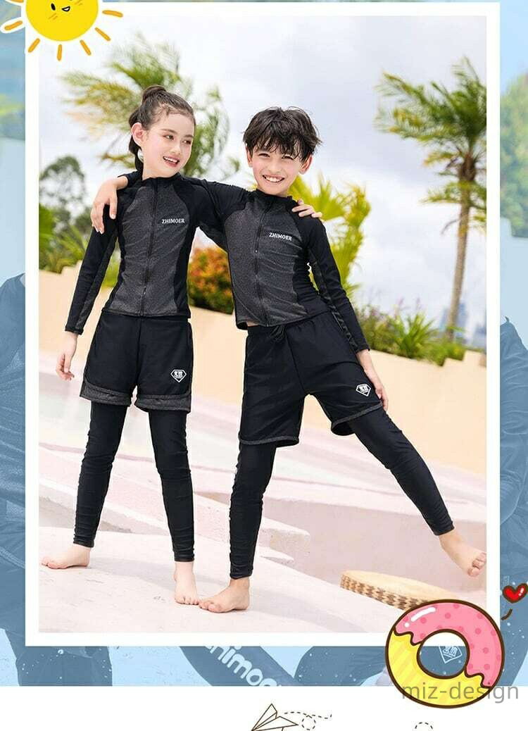 【送料無料】長袖 水着 ジュニア ダイビングスーツ 3点セット セパレート 子供用 こども 女の子 子供水着 トランクス 男の子 水着