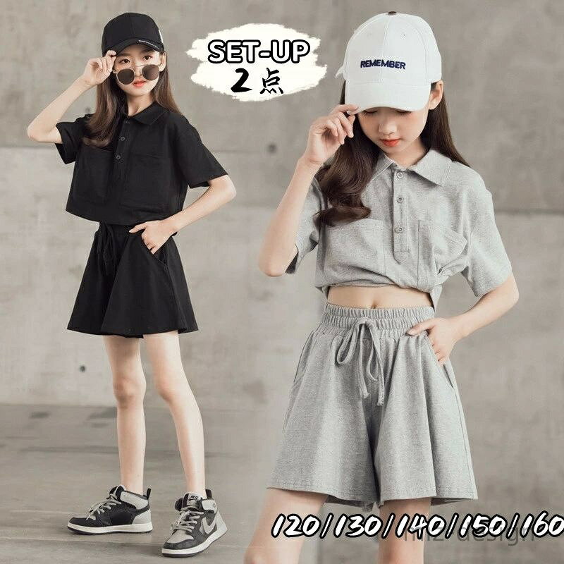 Top & Bottom Sets - 【送料無料】トップス キッズ服 無地 日常 ショートパンツ 半袖Tシャツ 2点セット 夏服 上下セット ジュニア セットアップ 女の子 夏