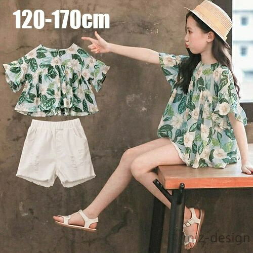 【送料無料】女児 通学 お出かけ ジュニア 夏服 キッズ カジュアルパンツ 綿 半袖 上下セット セットアップ 女の子 子供服 短パン パンツ(4.0)