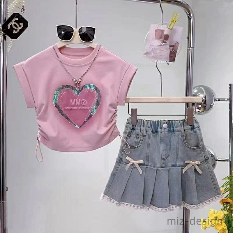 【送料無料】シャツ 女の子 セットアップ夏スカート 夏 2点セット デニムスカート Tシャツ 上下セット セットアップ 子供服