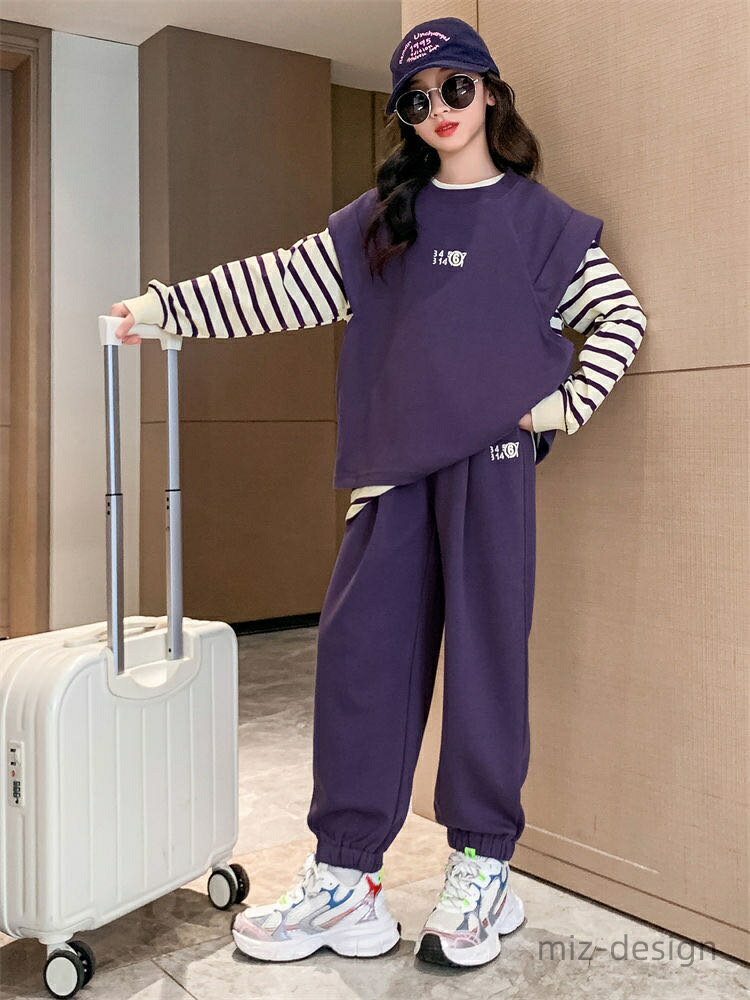Top & Bottom Sets - 【送料無料】上下セット キッズ 韓国子供服 ベスト+Tシャツ+ズボン 3点セット ジャージ 女の子 スポーツウェア ガールズ