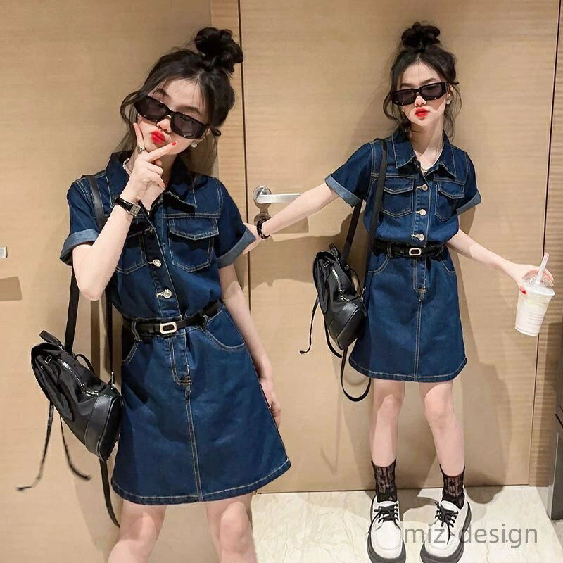 Dresses - 【送料無料】キッズ デニム ワンピース 膝丈上 キッズ夏ワンピース 半袖 子供 デニムワンピース ベルト付き 子供服 女の子