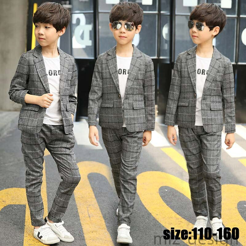 【送料無料】フォーマル キッズ 上下セットカジュアル 長袖 Vネックス 長ズボン 春秋 チェック柄 男の子 ズボン コート スーツ セットアップ