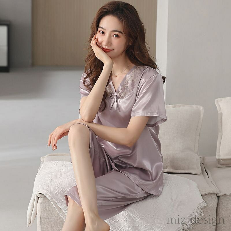 【送料無料】おしゃれ セットアップ ルームウェア ママ 女性 アイスシルク ひざ丈 大きいサイズ 半袖 夏用 レディース