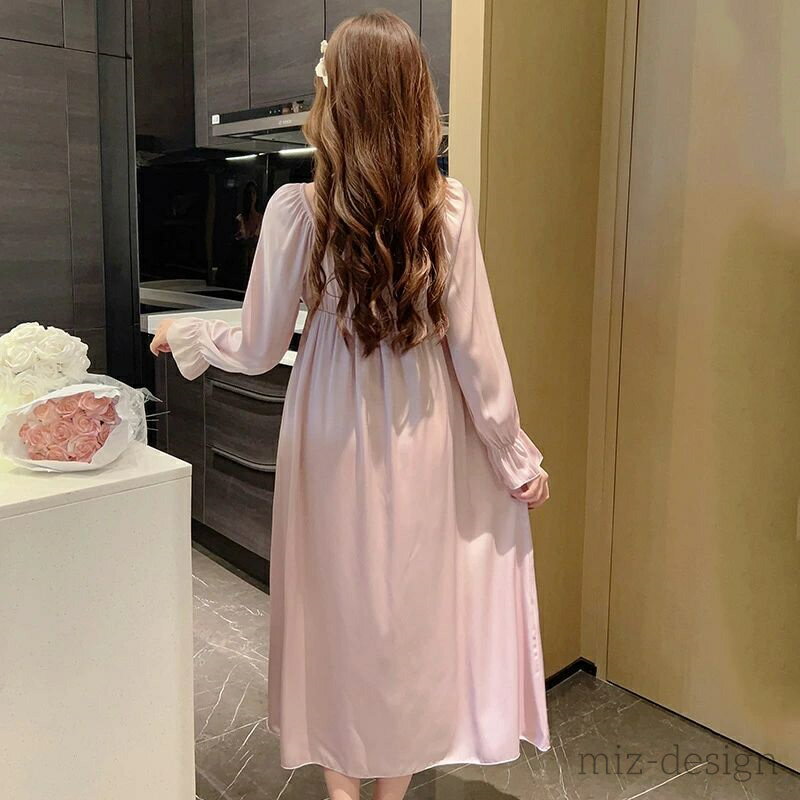 樂天商城 - 【送料無料】ロングスカート 女性 無地 リボン ネック V レース 裾 セクシー ネグリジェ 長袖 ワンピース ホームウェア