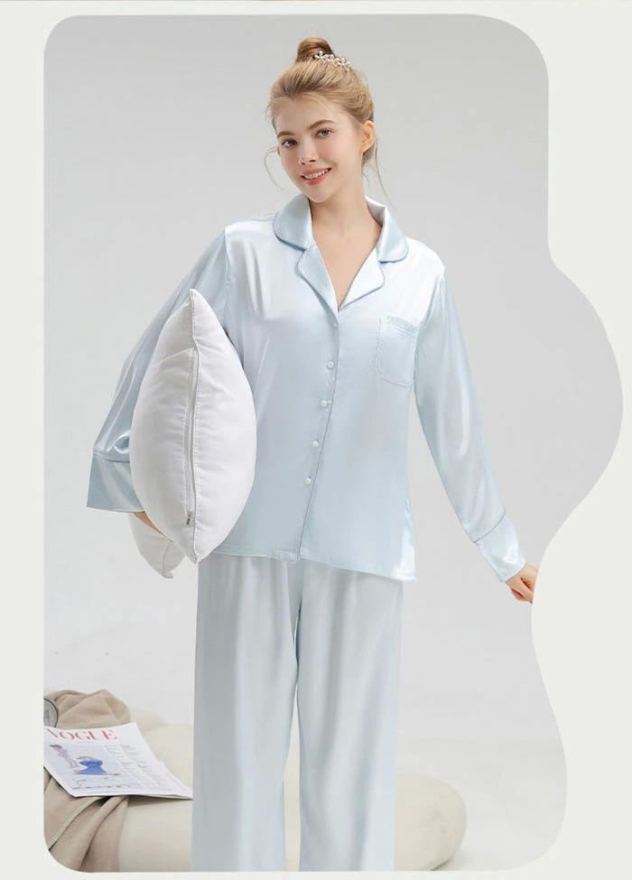 【送料無料】レディース パジャマ 前開き 接触冷感 シルクタッチ 女性用 無地 部屋着 ナイトドレス ナイトウエア 長袖 ロングパンツ