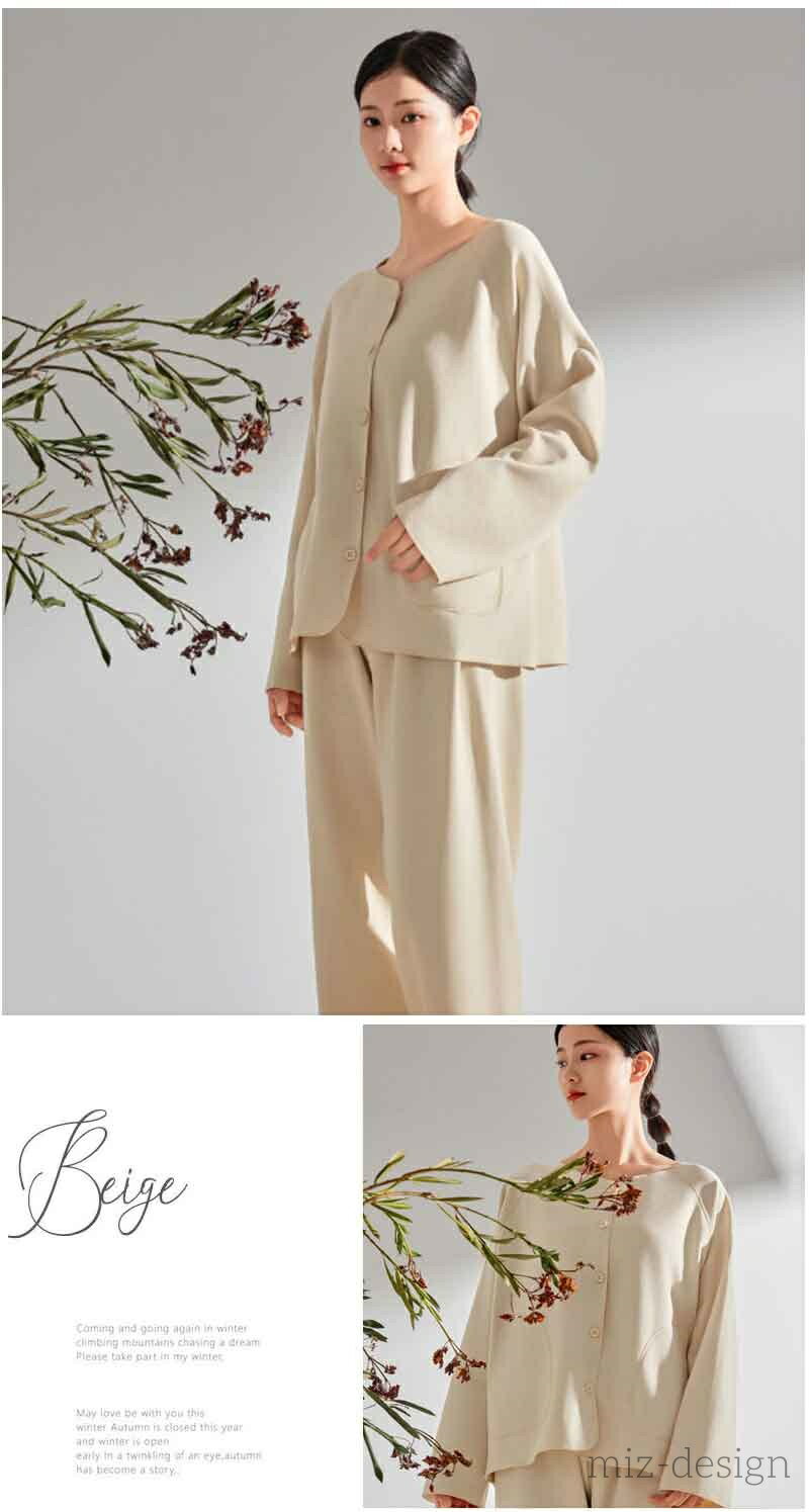 【送料無料】前開き 柔らかい ふんわり 敏感肌 カシミヤシルクダブルポケット 長ズボン 長袖 襟なし レディース パジャマ ルームウェア