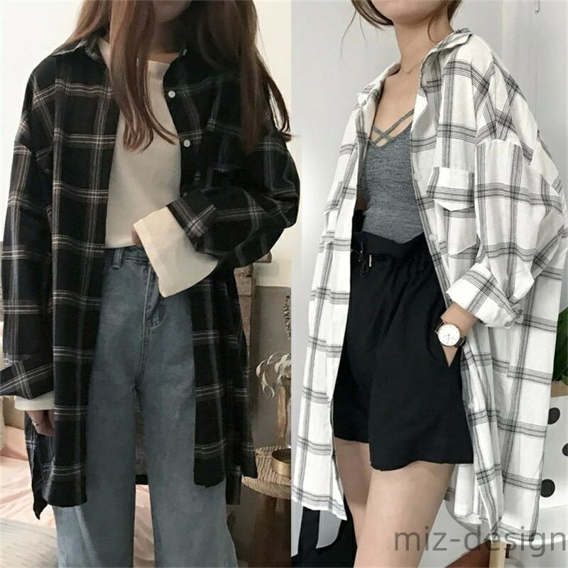 Rakuten - 【送料無料】韓国風 スリム ロング 上着 カーディガン トップス Tシャツ チェック柄 長袖 夏 シャツ 日焼け止め服 薄手シャツ