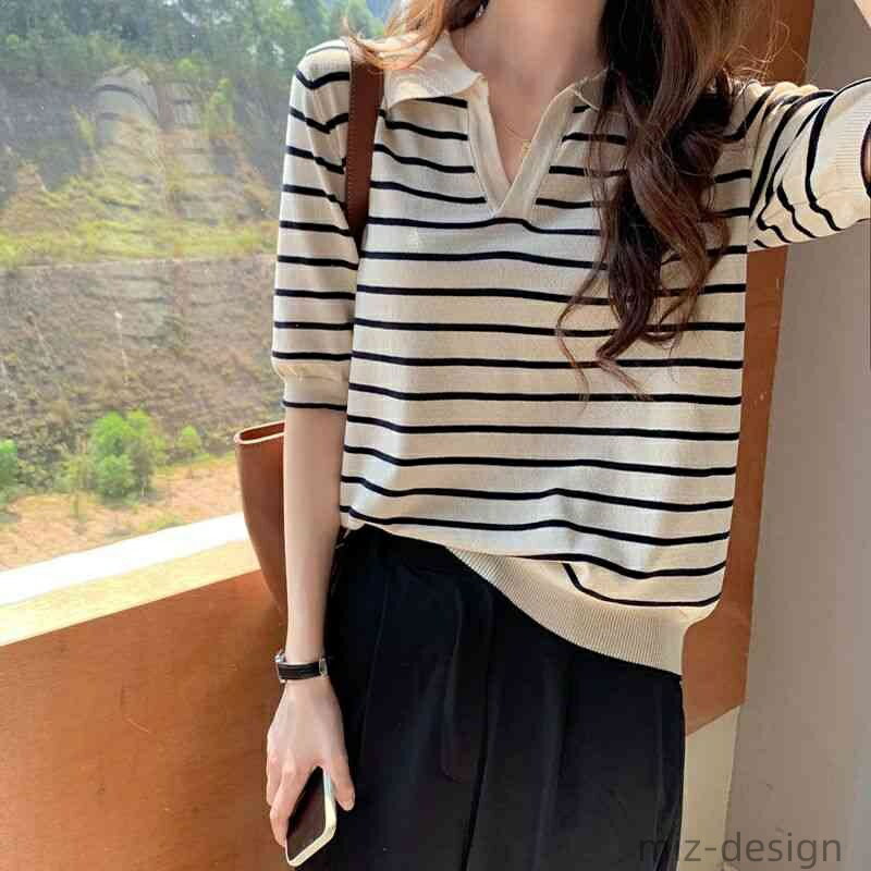 【送料無料】セーター カットソー ニットソー 韓国 春夏 ニット ポロ 襟付き ボーダー柄 キーネック 半袖 トップス レディース サマーニット(4.0)