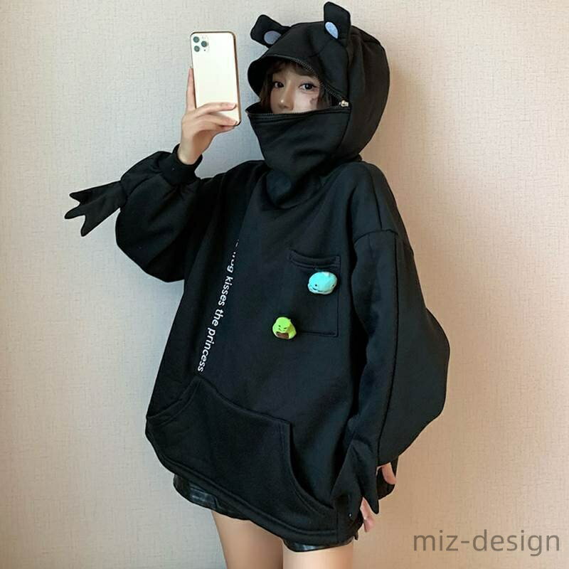 【送料無料】冬 秋 春 2XL XL L M 緑 黒 白 長袖 カエル 水かき 耳付き フーディー ユニセックス メンズ レディース トップス パーカー